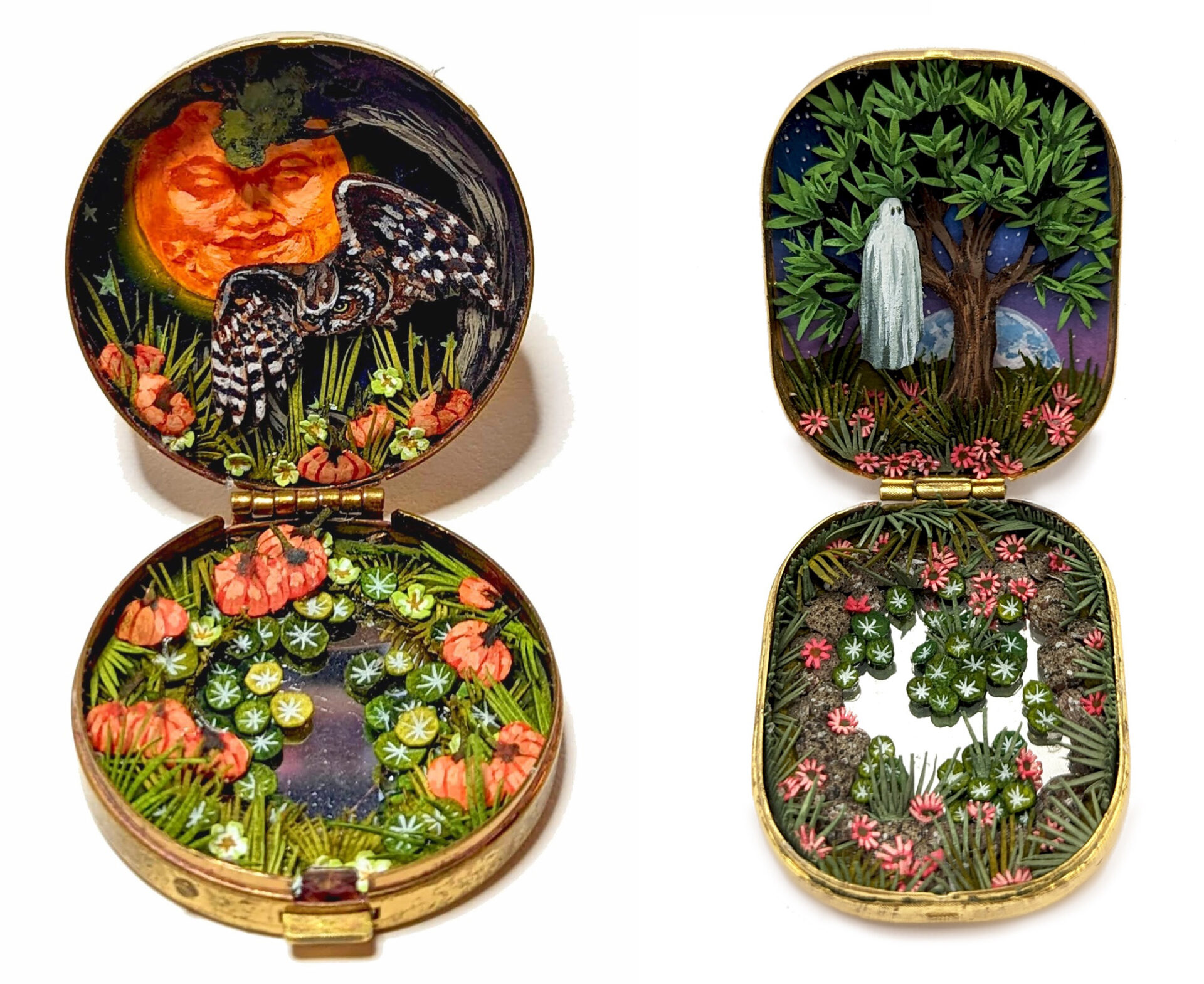 two tiny dioramas made from watercolor-painted paper inside of vintage cosmetics compacts depicting (on the left) a woodland scene with an owl and an orange moon with a face, and (on the right) a ghost standing next to a tree over a mirrored pond with wildflowers