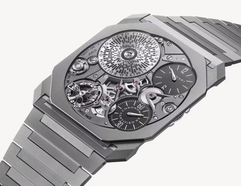 Close-up view of Bulgari's world's thinnest mechanical watch, revealing intricate mechanical details.