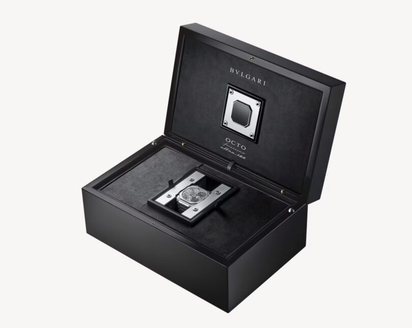 Luxury Bulgari wristwatch presented in an elegant black case used to set the time and wind up the world's thinnest mechanical watch.