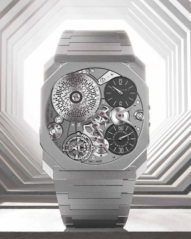 A close-up view of the world's thinnest mechanical wristwatch by Bulgari, showcasing its intricate internal components.