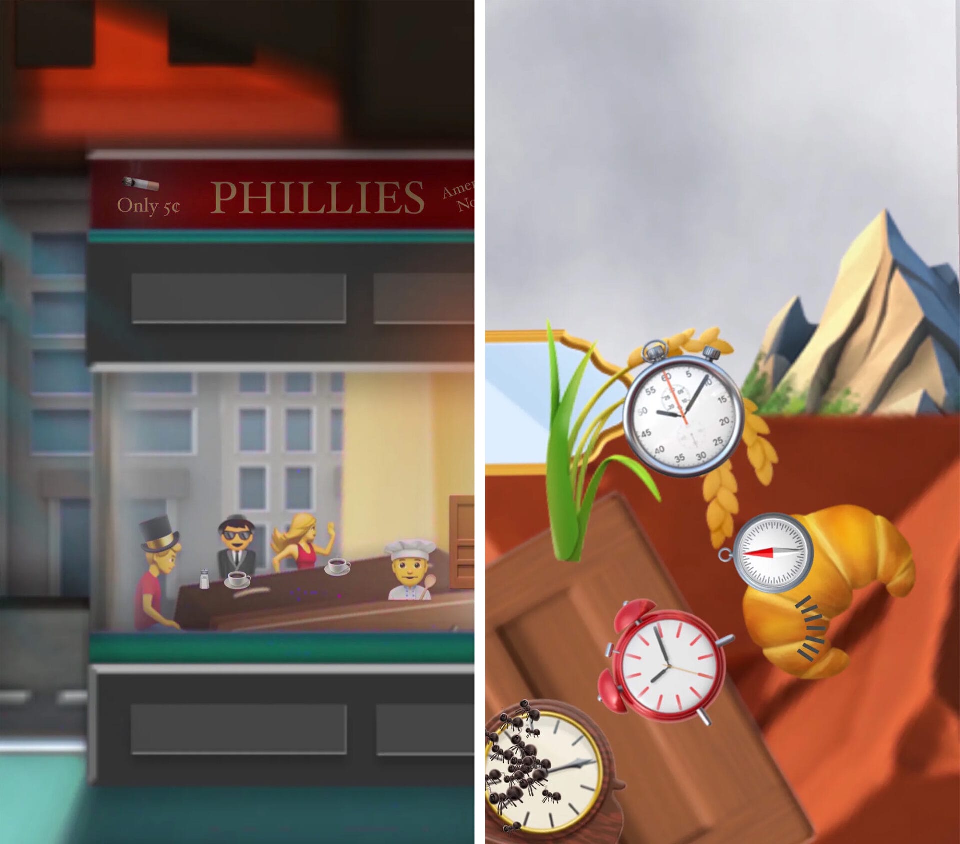 left: people sit at a counter with coffee. right: four clocks appear among a shifting landscape