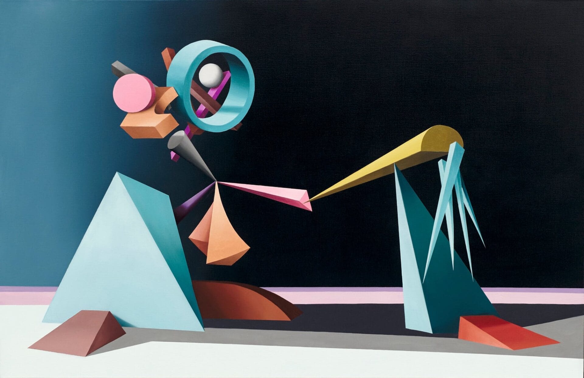 an abstract portrait of a figure painted chunky, colorful shapes. they appear to be laying back with their arm propped on a knee