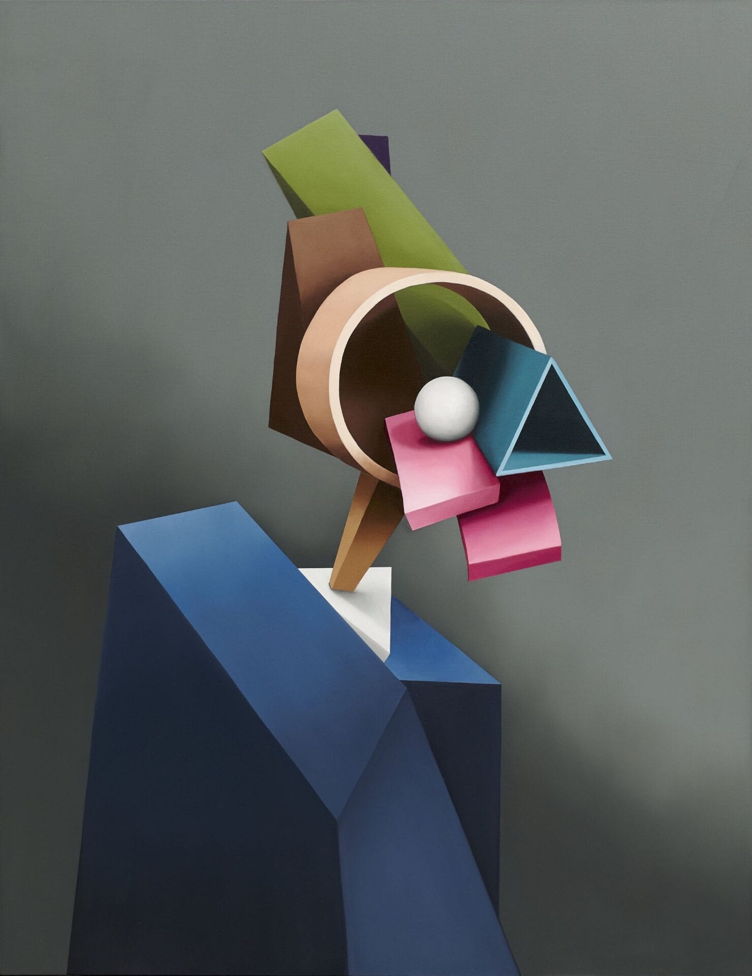 an abstract portrait of a figure painted chunky, colorful shapes including a blue body