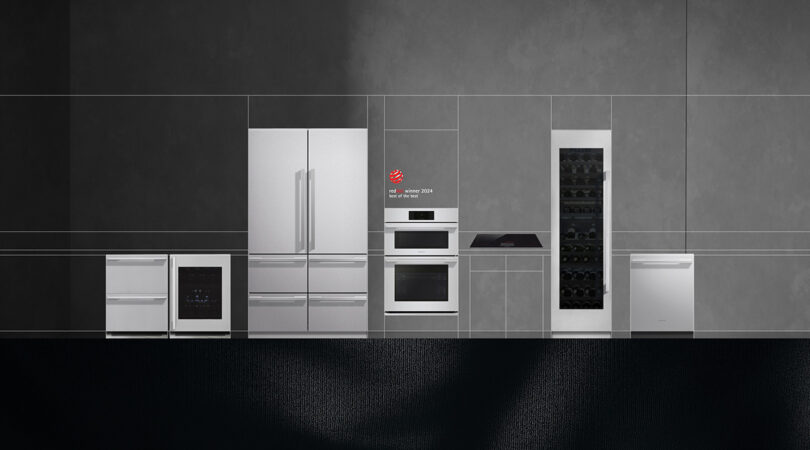 A line up the of the SKS Transitional Wall Oven collection alongside a Red Dot Design Award logo
