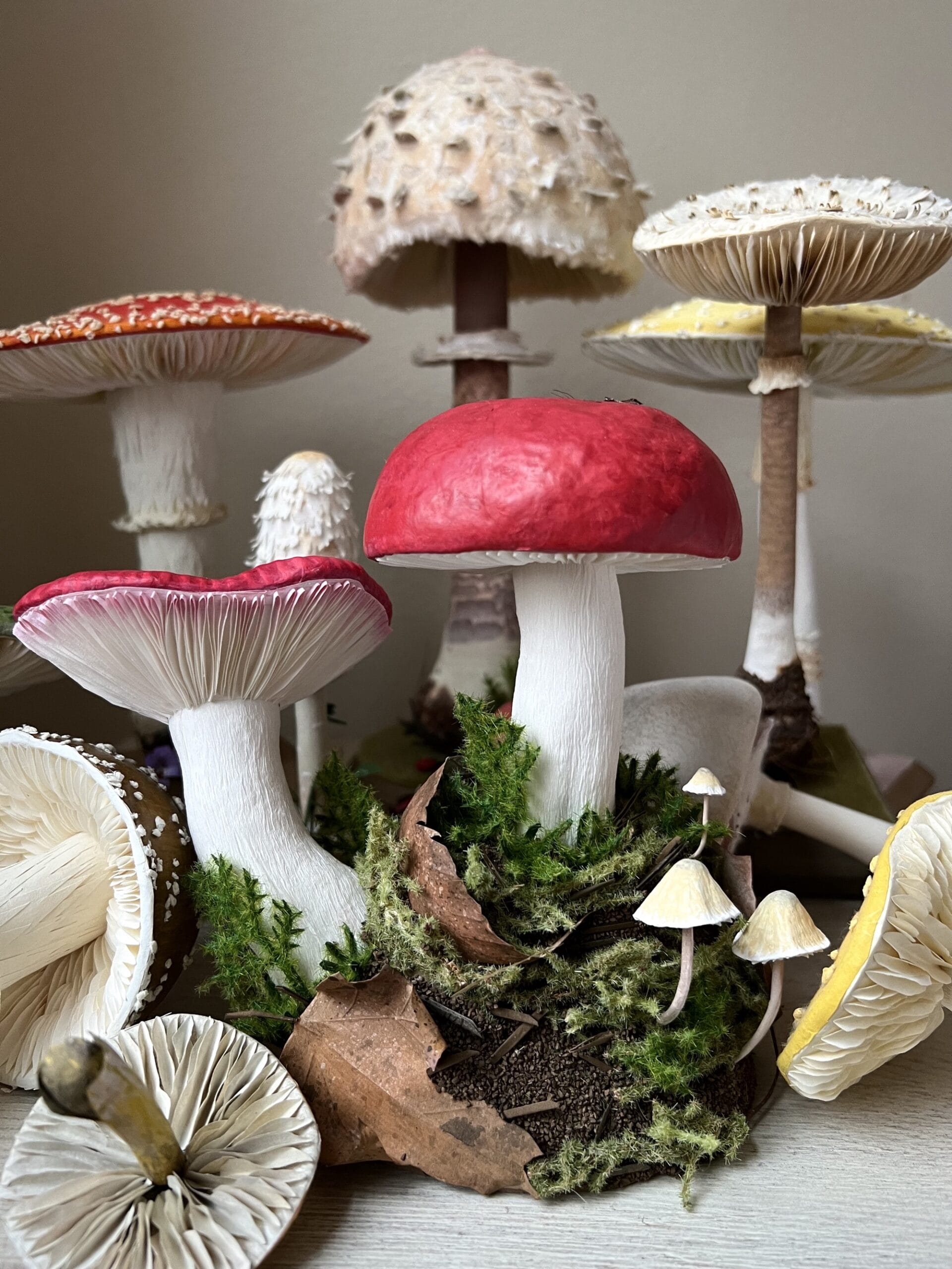a collection of realistic paper mushroom sculptures in a variety of colors and shapes