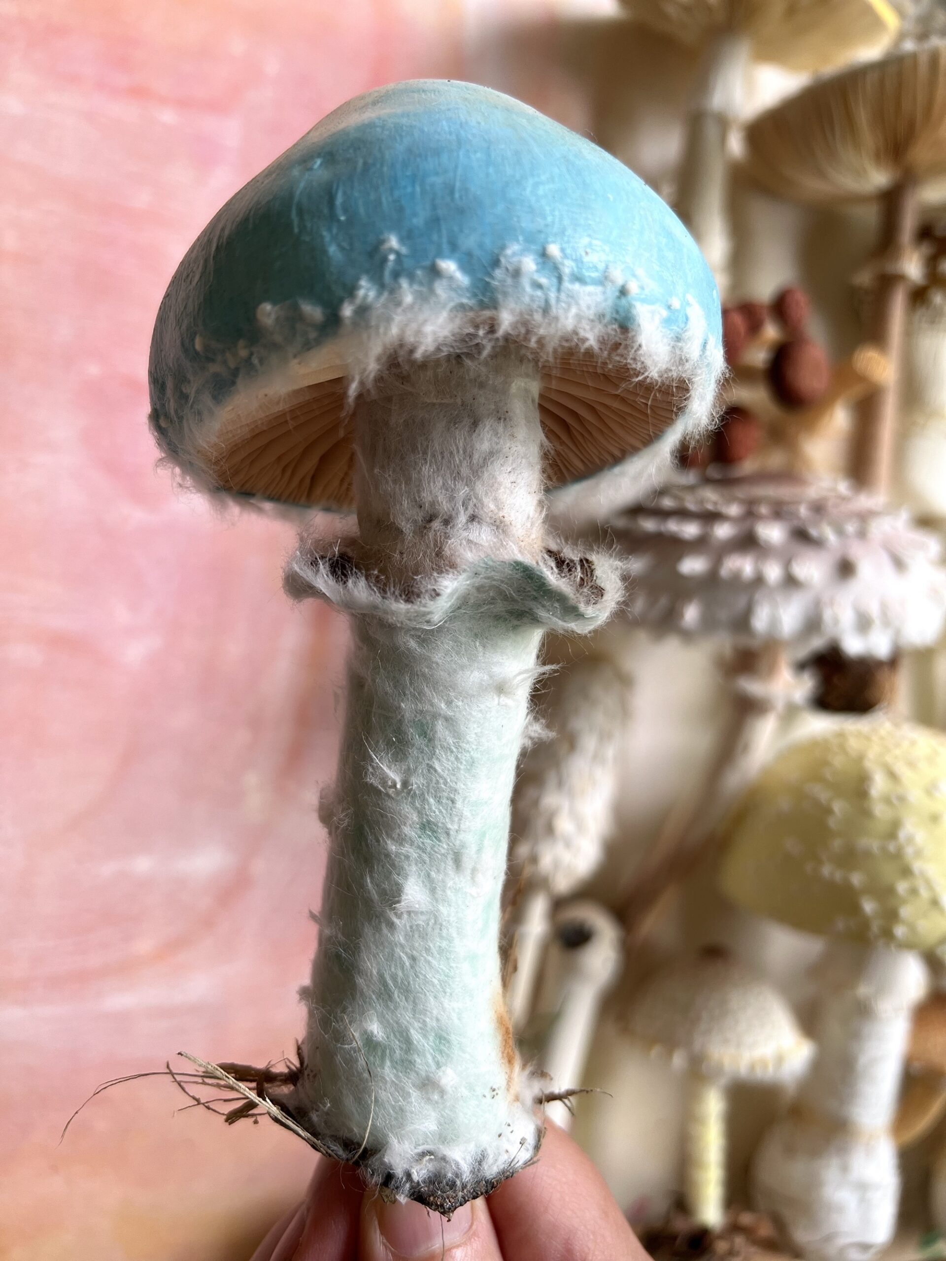 a blue, lifelike mushroom made entirely of paper