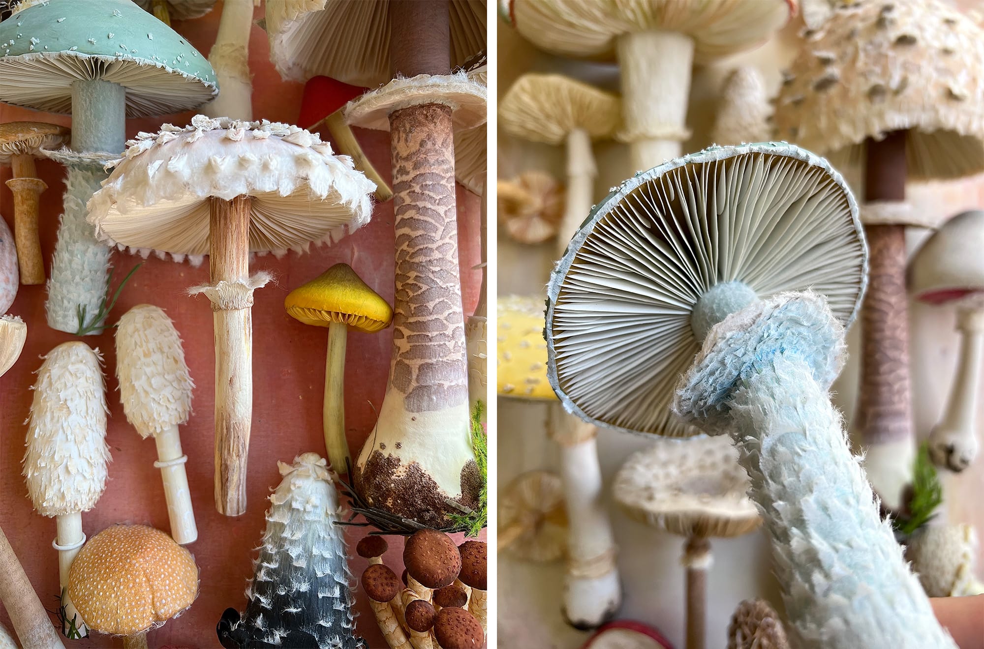 two side-by-side images showing realistic paper mushroom sculptures in a variety of colors and shapes