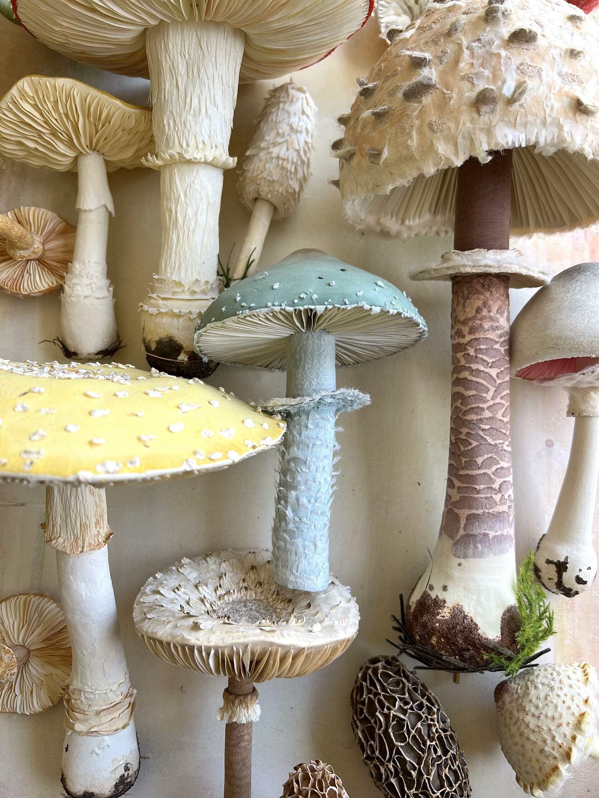 a collection of realistic paper mushroom sculptures in a variety of colors and shapes
