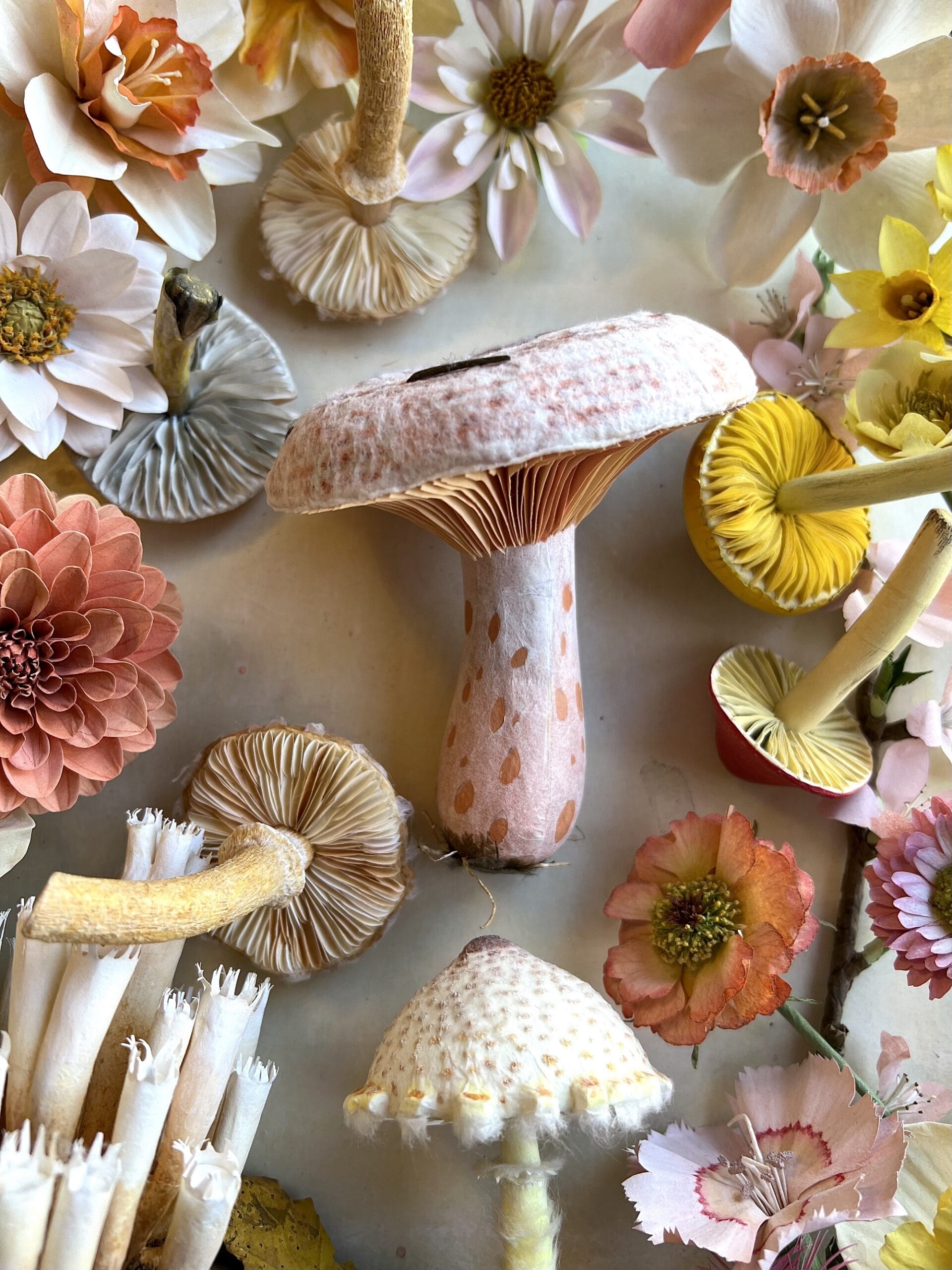 a collection of realistic paper mushroom and flower sculptures, centered around a large pink specimen, in a variety of colors and shapes