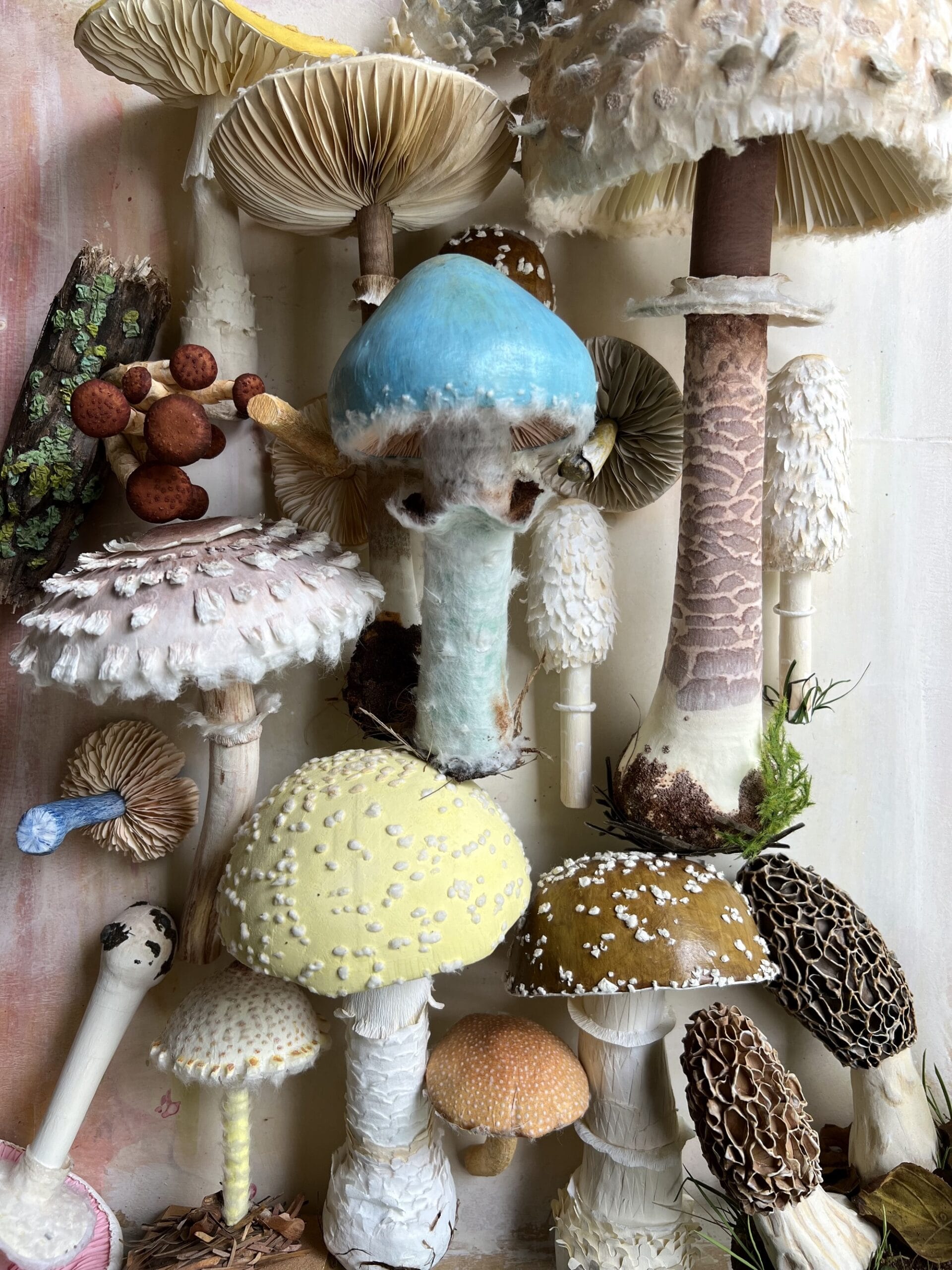 a collection of realistic paper mushroom sculptures in a variety of colors and shapes