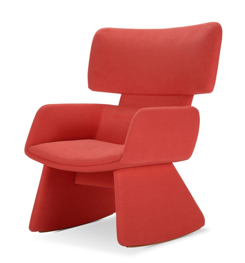 A modern red lounge chair with a wide, curved backrest and angled legs and seat.