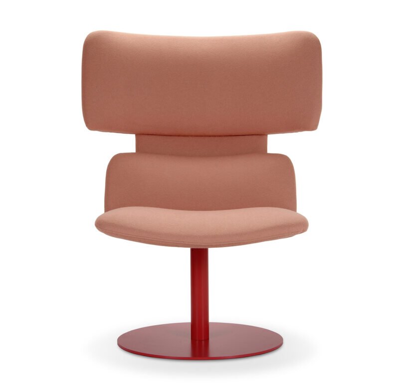 A modern, red chair with a curved backrest and cushioned seat on a red metal circular base.