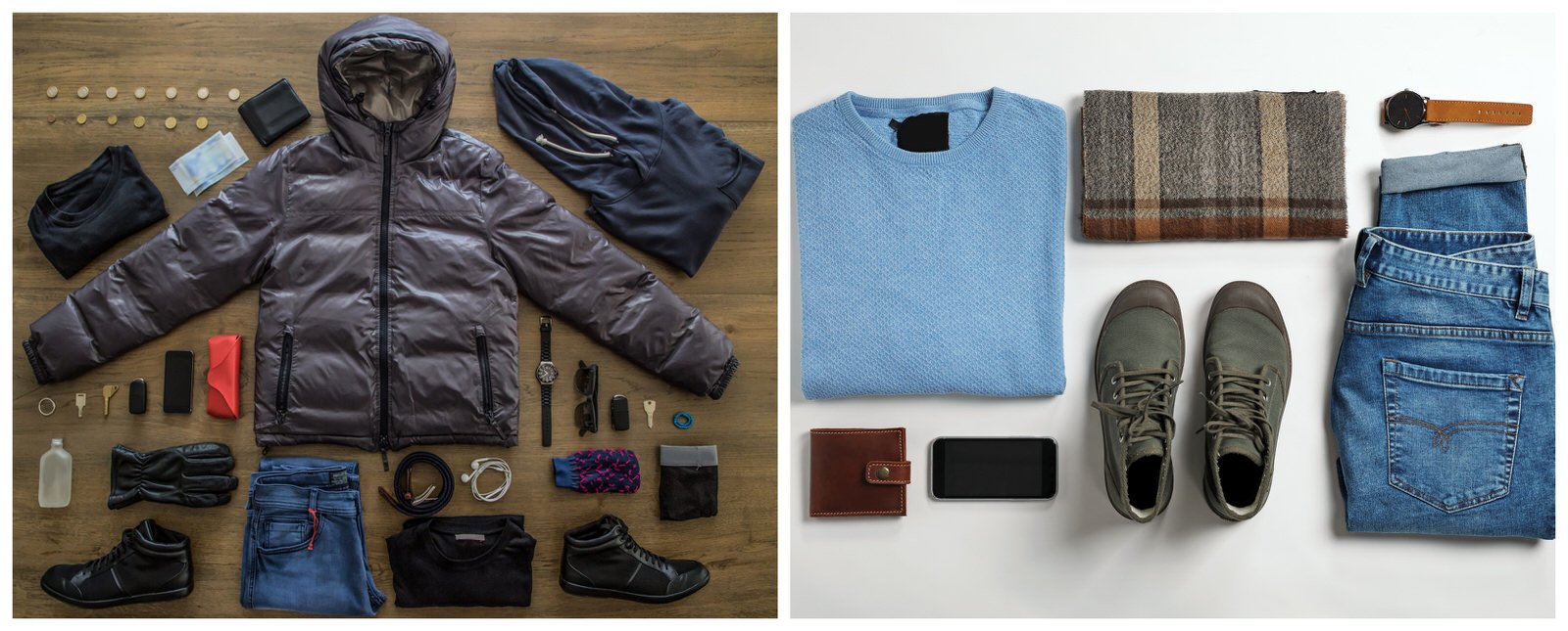 Features - menswear-ireland-carry-on-bag-items-6379af30347e On the left, a spread of clothes with a black puffy jacket, two black t-shirts, gloves, blue jeans, black boots, socks, headphones, hoodie, aftershave and headphones. On the right a blue sweater, plaid scarf, olive shoes, blue jeans, brown wallet, watch and phone