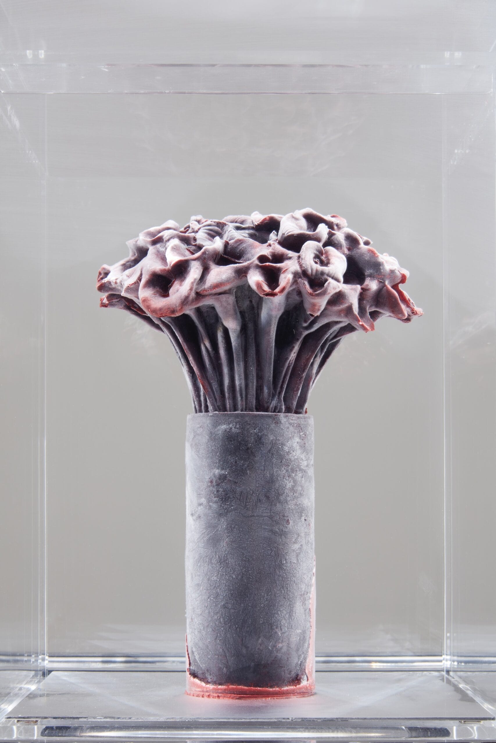a bouquet of calla lilies in a simple vase, frozen solid inside of a plexiglass case