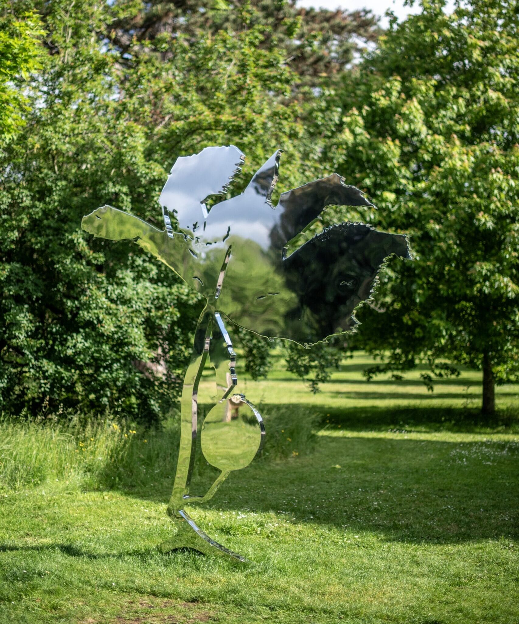 a mirrored sculpture in a green landscape depicting the outline of a Himalayan Mayapple