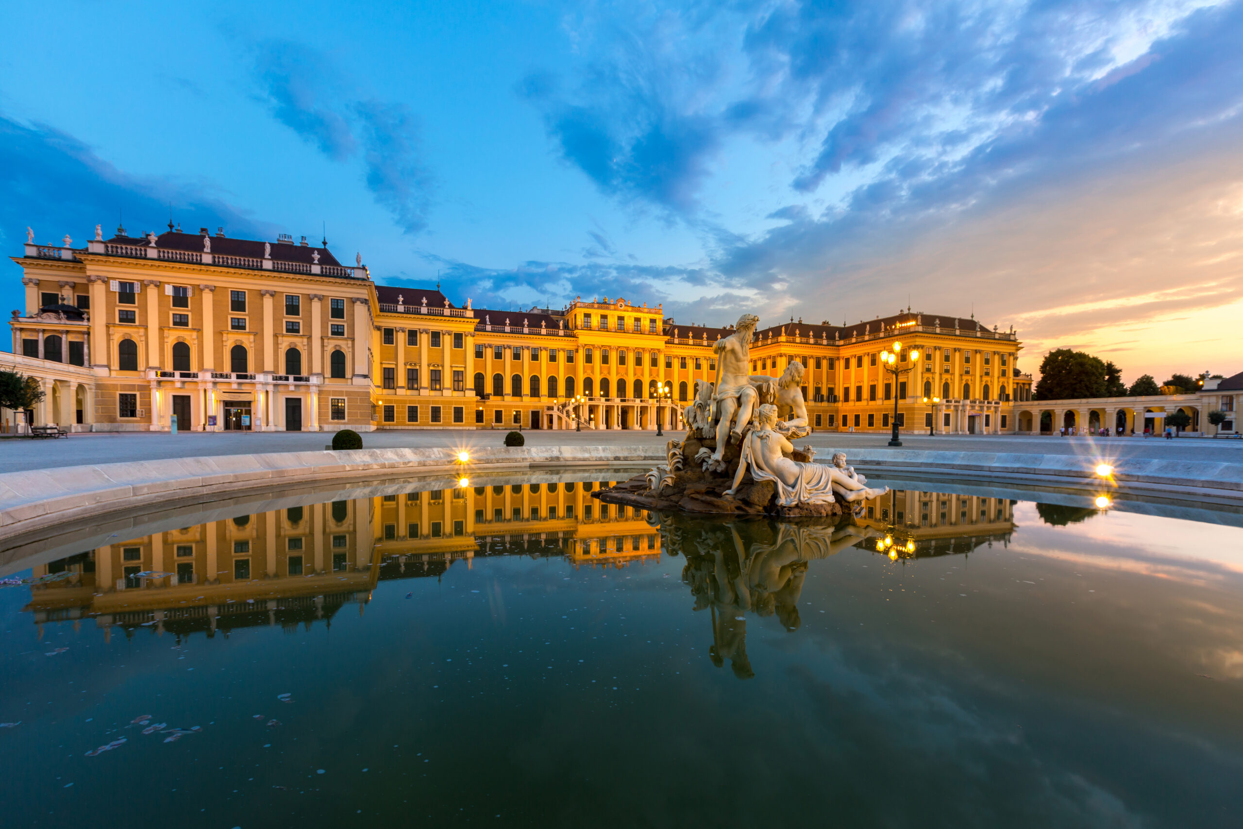 Sculptures at Schönbrunn Palace at sunset, Vienna, Austria