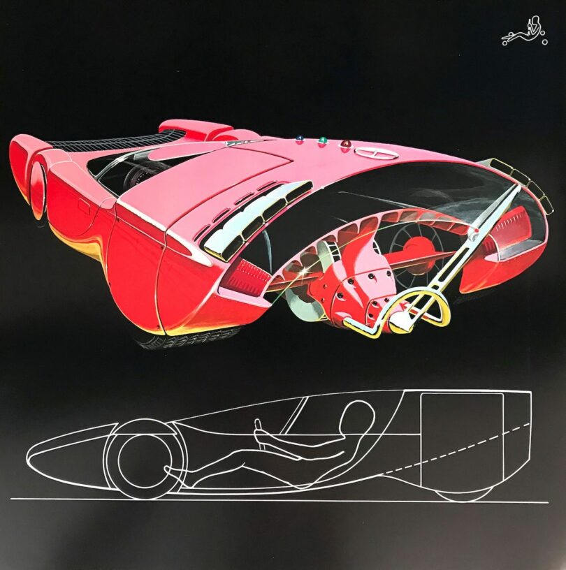 Illustration of a futuristic red vehicle with a sleek design and a transparent canopy, shown with a detailed side view and an outline of a person seated inside against a black background