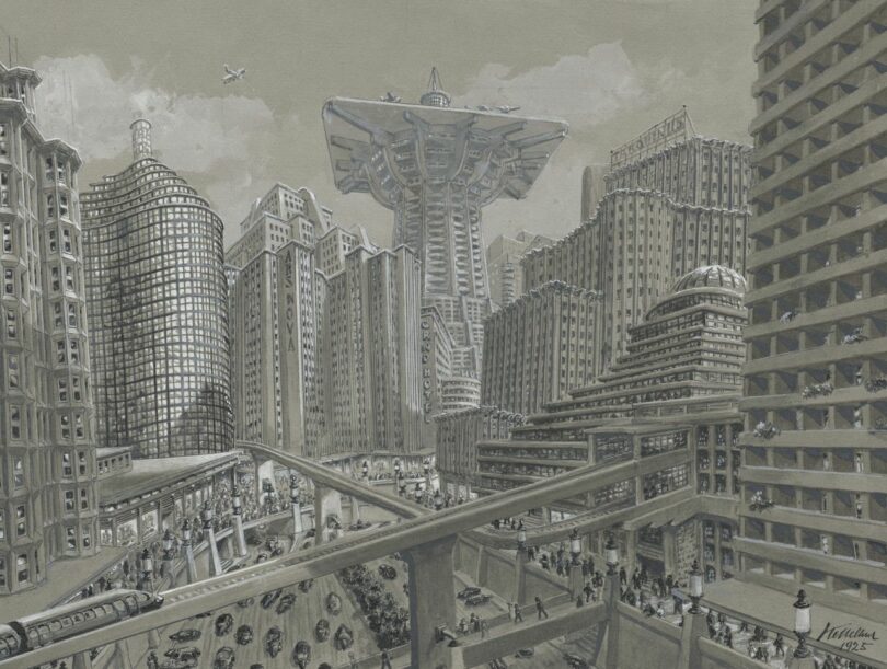 Futuristic cityscape with high-rise buildings and flying vehicles. Elevated roads and a large, unique structure resembling a hovering platform dominate the scene. Dense urban environment in grayscale