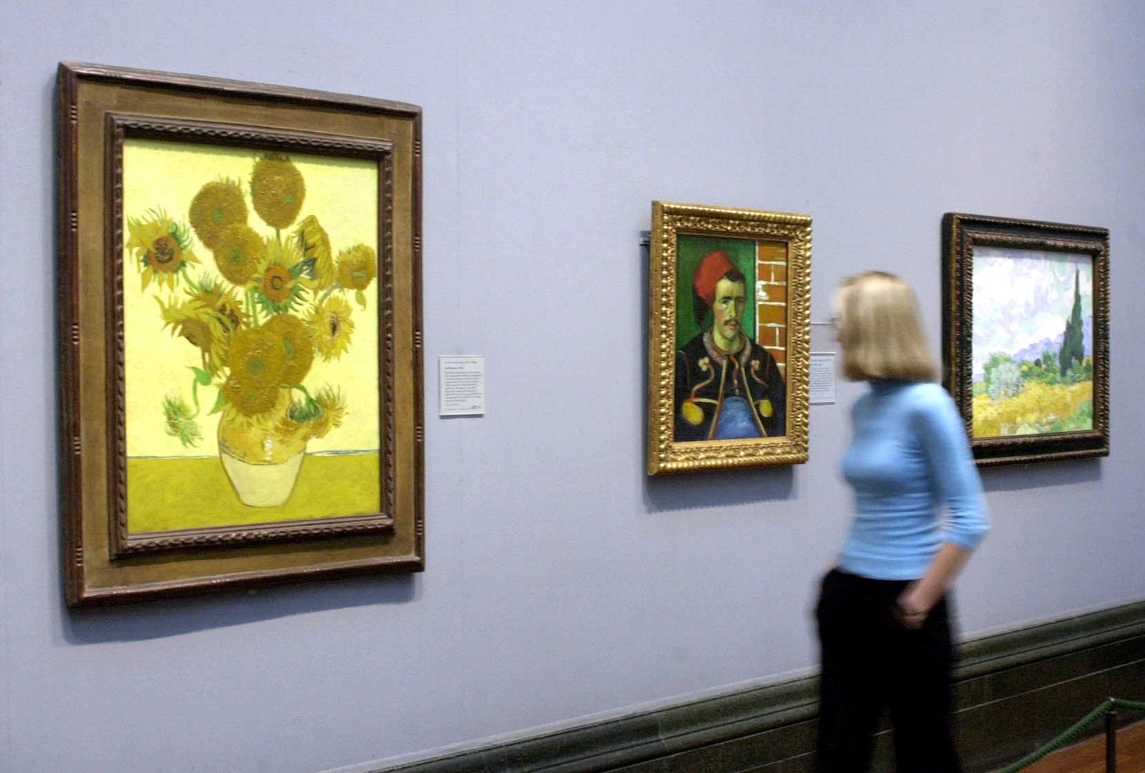 Van Gogh paintings on loan to the National Gallery A passer by views a painting of sunflowers by Van Gogh, on display at London's National Gallery.